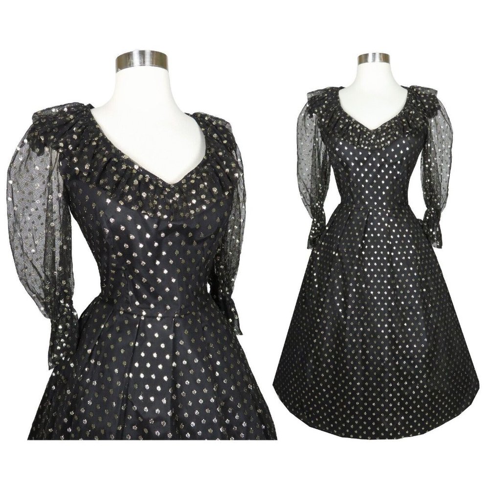 Vintage 80s 50s Gold Polka Dot Black Full Skirt Prom Cocktail Party Dress S M